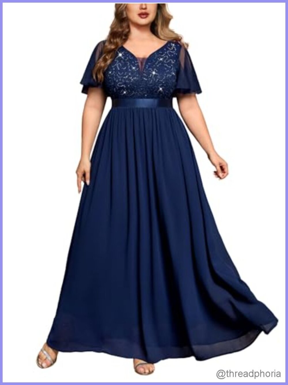 Plus Size Sequin Lace Chiffon V-Neck Formal Prom Gown Dress